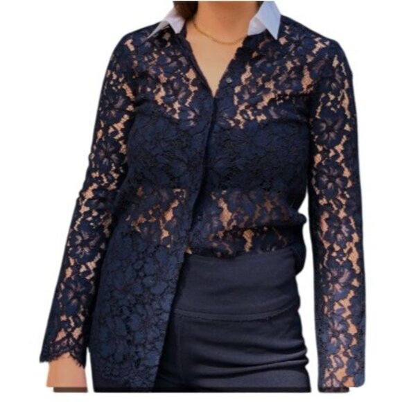 Sandro Paris Top Women's 1 Blue Lace Floral Long Sleeve Button Up Collar Sheer - Picture 1 of 16